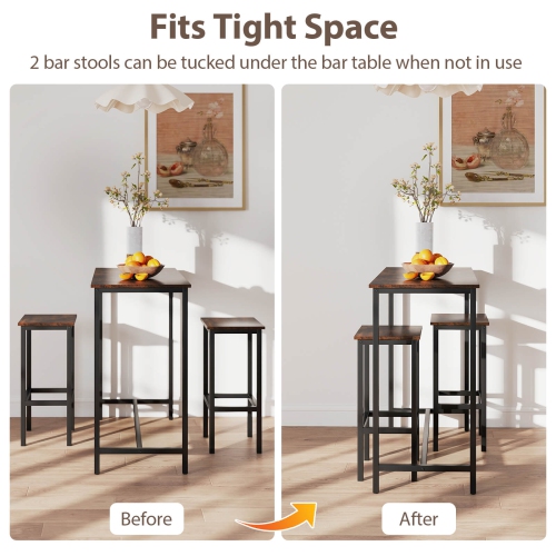 Costway 3 PCS Counter Height Table Set with Footrests Rectangular Pub Table & Chairs Brown/Gray/Black