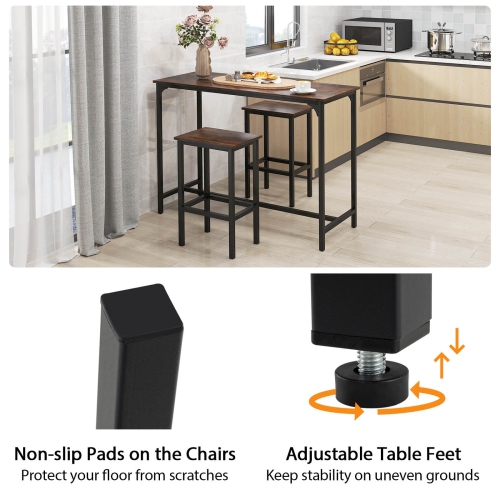 Costway 3 PCS Counter Height Table Set with Footrests Rectangular Pub Table & Chairs Brown/Gray/Black