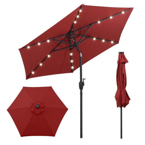 Costway 7.5 ft Solar Powered Patio Umbrella with LED Lights Push Button Tilt Crank Handle Beige/Gray/Navy/Black/Brown/Red