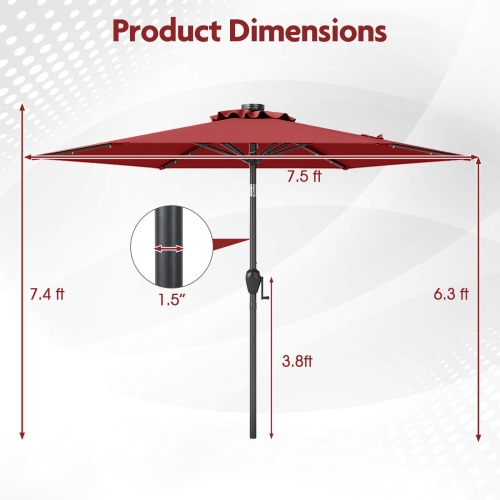 Costway 7.5 ft Solar Powered Patio Umbrella with LED Lights Push Button Tilt Crank Handle Beige/Gray/Navy/Black/Brown/Red