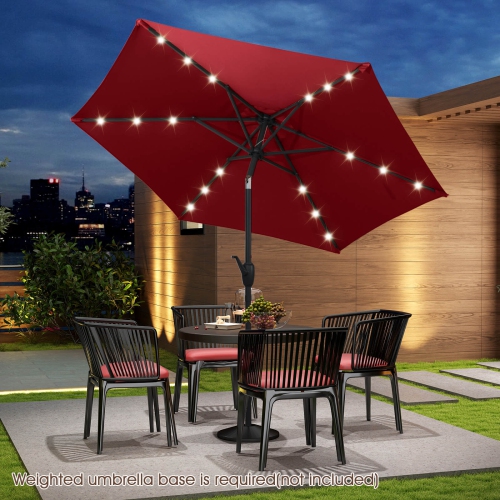 Costway 7.5 ft Solar Powered Patio Umbrella with LED Lights Push Button Tilt Crank Handle Beige/Gray/Navy/Black/Brown/Red