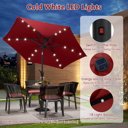 Costway 7.5 ft Solar Powered Patio Umbrella with LED Lights Push Button Tilt Crank Handle Beige/Gray/Navy/Black/Brown/Red