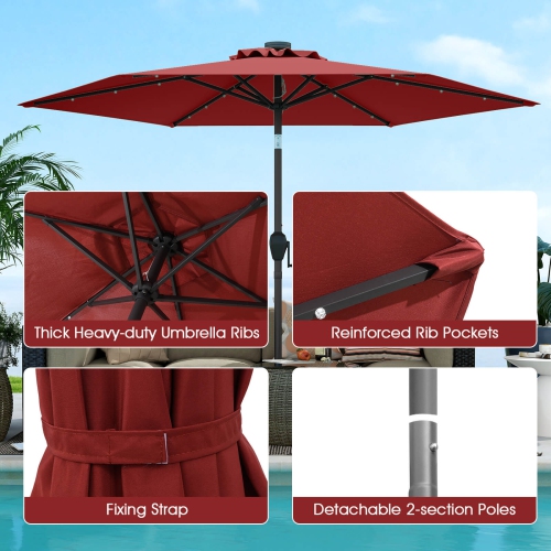 Costway 7.5 ft Solar Powered Patio Umbrella with LED Lights Push Button Tilt Crank Handle Beige/Gray/Navy/Black/Brown/Red