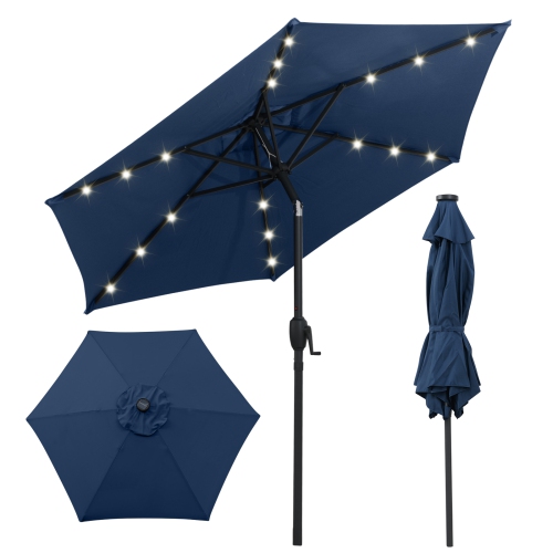 Costway 7.5 ft Solar Powered Patio Umbrella with LED Lights Push Button Tilt Crank Handle Beige/Gray/Navy/Black/Brown/Red