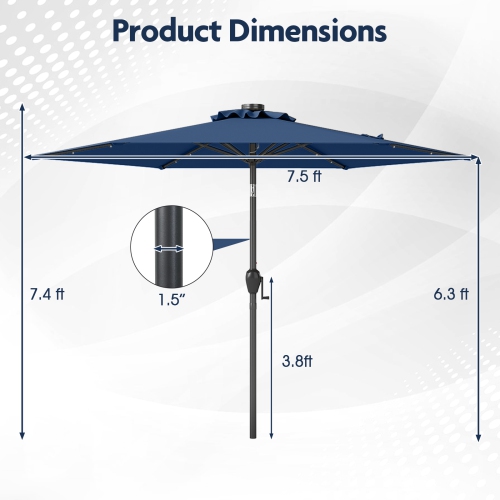 Costway 7.5 ft Solar Powered Patio Umbrella with LED Lights Push Button Tilt Crank Handle Beige/Gray/Navy/Black/Brown/Red