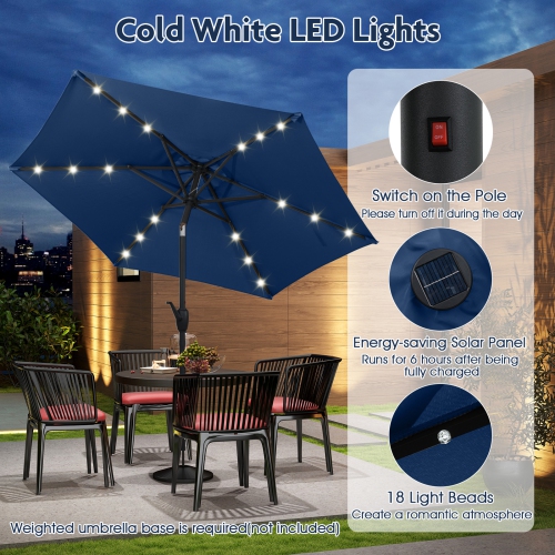 Costway 7.5 ft Solar Powered Patio Umbrella with LED Lights Push Button Tilt Crank Handle Beige/Gray/Navy/Black/Brown/Red