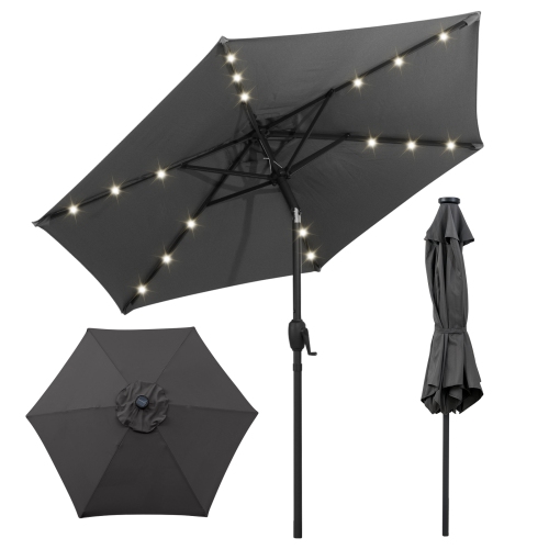 Costway 7.5 ft Solar Powered Patio Umbrella with LED Lights Push Button Tilt Crank Handle Beige/Gray/Navy/Black/Brown/Red