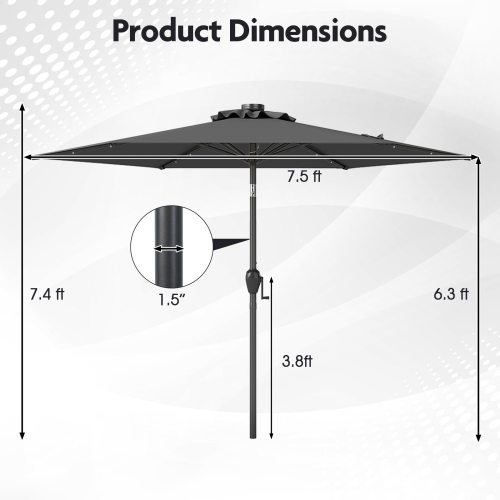 Costway 7.5 ft Solar Powered Patio Umbrella with LED Lights Push Button Tilt Crank Handle Beige/Gray/Navy/Black/Brown/Red