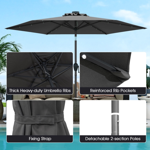 Costway 7.5 ft Solar Powered Patio Umbrella with LED Lights Push Button Tilt Crank Handle Beige/Gray/Navy/Black/Brown/Red