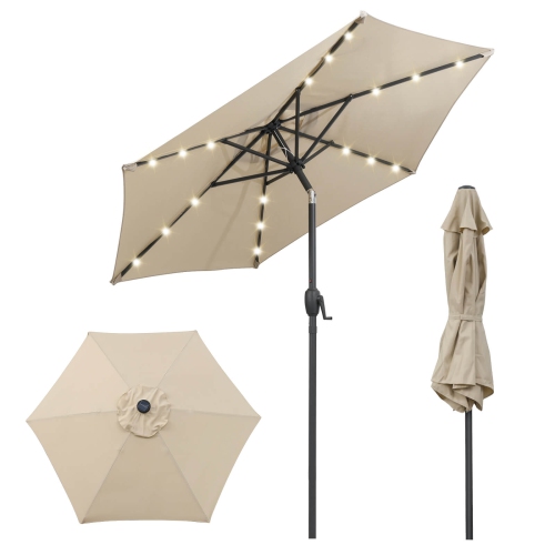 Costway 7.5 ft Solar Powered Patio Umbrella with LED Lights Push Button Tilt Crank Handle Beige/Gray/Navy/Black/Brown/Red