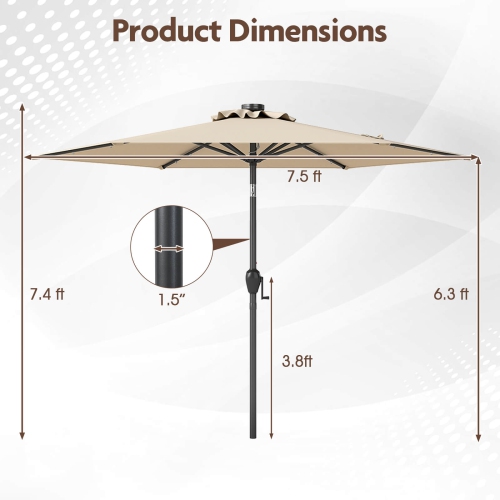 Costway 7.5 ft Solar Powered Patio Umbrella with LED Lights Push Button Tilt Crank Handle Beige/Gray/Navy/Black/Brown/Red