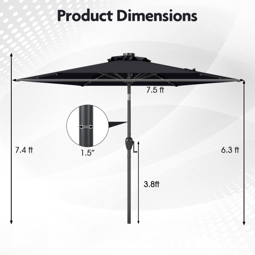 Costway 7.5 ft Solar Powered Patio Umbrella with LED Lights Push Button Tilt Crank Handle Beige/Gray/Navy/Black/Brown/Red