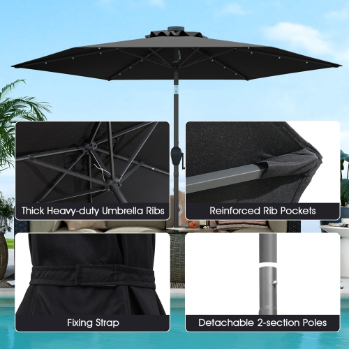 Costway 7.5 ft Solar Powered Patio Umbrella with LED Lights Push Button Tilt Crank Handle Beige/Gray/Navy/Black/Brown/Red