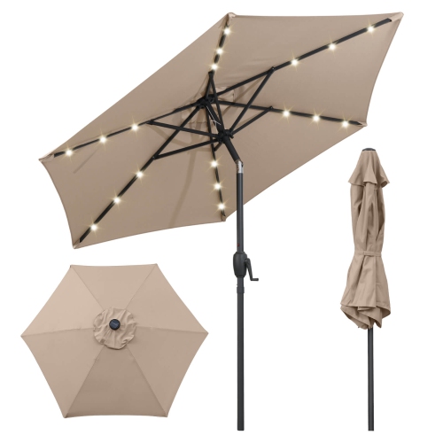 Costway 7.5 ft Solar Powered Patio Umbrella with LED Lights Push Button Tilt Crank Handle Beige/Gray/Navy/Black/Brown/Red