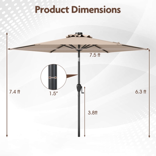 Costway 7.5 ft Solar Powered Patio Umbrella with LED Lights Push Button Tilt Crank Handle Beige/Gray/Navy/Black/Brown/Red