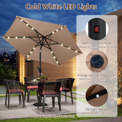 Costway 7.5 ft Solar Powered Patio Umbrella with LED Lights Push Button Tilt Crank Handle Beige/Gray/Navy/Black/Brown/Red