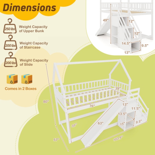 Costway Twin Over Twin Bunk Bed with Slide & Staircase with Storage Compartments White/Gray