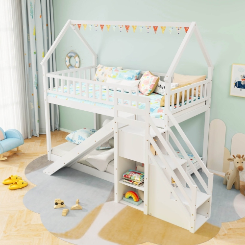 Costway Twin Over Twin Bunk Bed with Slide & Staircase with Storage Compartments White/Gray
