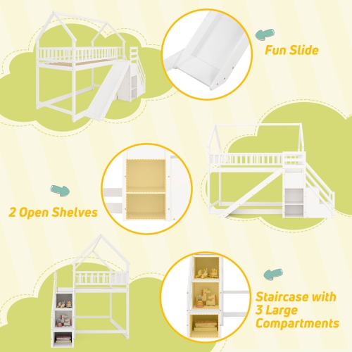 Costway Twin Over Twin Bunk Bed with Slide & Staircase with Storage Compartments White/Gray