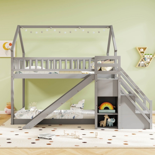 Costway Twin Over Twin Bunk Bed with Slide & Staircase with Storage Compartments White/Gray