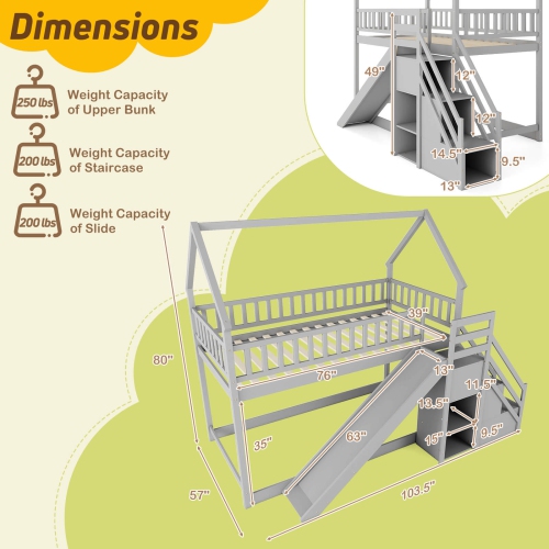 Costway Twin Over Twin Bunk Bed with Slide & Staircase with Storage Compartments White/Gray