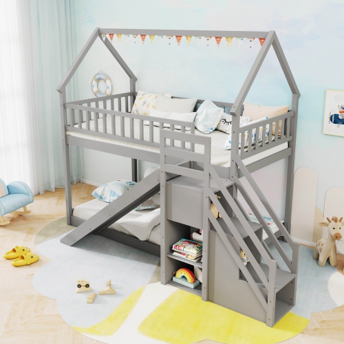 Costway Twin Over Twin Bunk Bed with Slide & Staircase with Storage Compartments White/Gray
