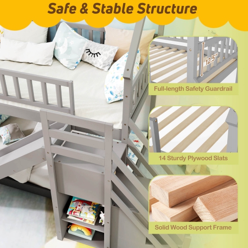 Costway Twin Over Twin Bunk Bed with Slide & Staircase with Storage Compartments White/Gray