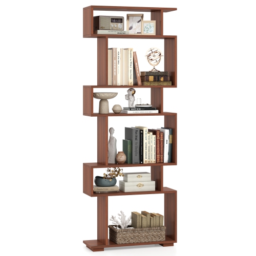 Costway 6-tier Storage Bookshelf S-shaped Geometric Bookcase with Anti-toppling Kits Brown/Black/White/Walnut