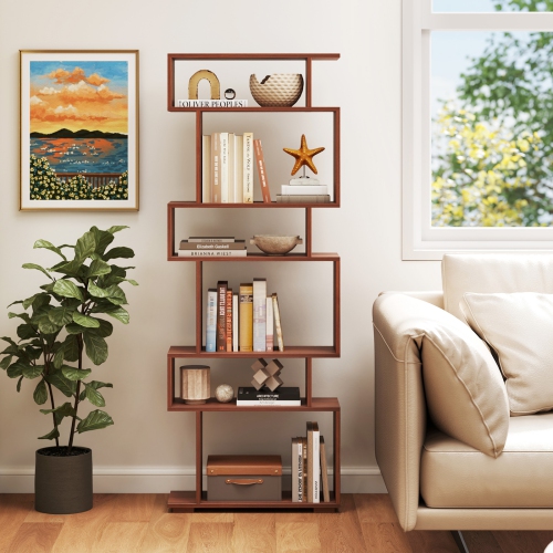 Costway 6-tier Storage Bookshelf S-shaped Geometric Bookcase with Anti-toppling Kits Brown/Black/White/Walnut