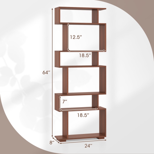Costway 6-tier Storage Bookshelf S-shaped Geometric Bookcase with Anti-toppling Kits Brown/Black/White/Walnut