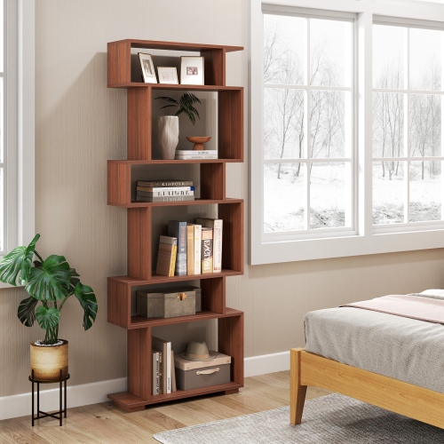 Costway 6-tier Storage Bookshelf S-shaped Geometric Bookcase with Anti-toppling Kits Brown/Black/White/Walnut