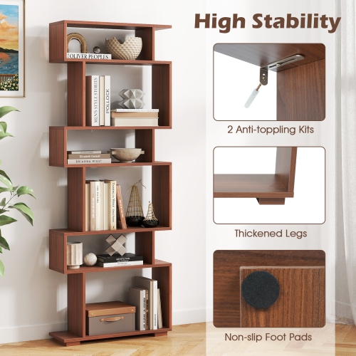 Costway 6-tier Storage Bookshelf S-shaped Geometric Bookcase with Anti-toppling Kits Brown/Black/White/Walnut