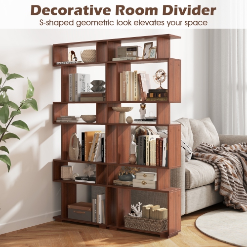 Costway 6-tier Storage Bookshelf S-shaped Geometric Bookcase with Anti-toppling Kits Brown/Black/White/Walnut