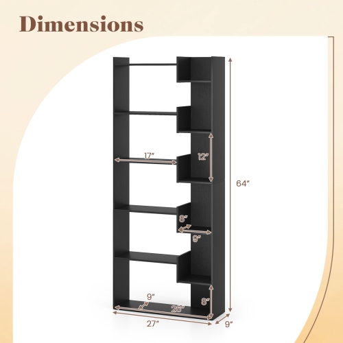 Costway 1/2 PCS 6-tier Bookshelf Tall Display Shelf with 11 Open Shelves 2 Anti-tipping Kits Black/Natural/White/Brown