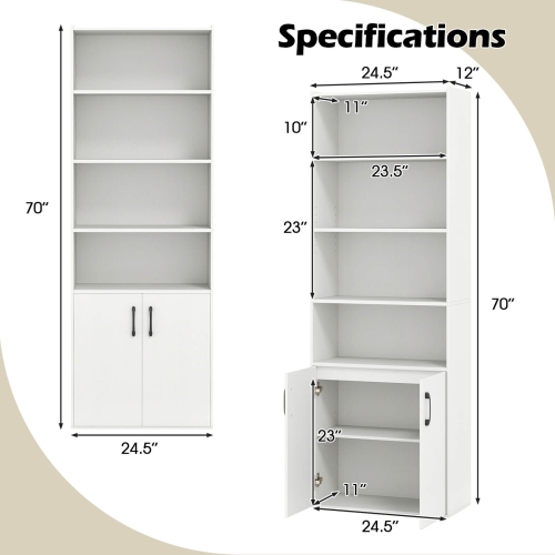 Costway 70" Bookcase with Adjustable Shelves with 2-Door Cabinet Multipurpose Display Rack White/Natural/Black/Gray