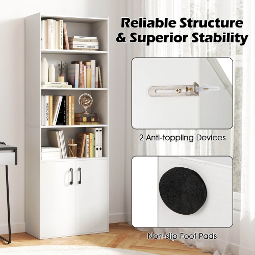 Costway 70" Bookcase with Adjustable Shelves with 2-Door Cabinet Multipurpose Display Rack White/Natural/Black/Gray