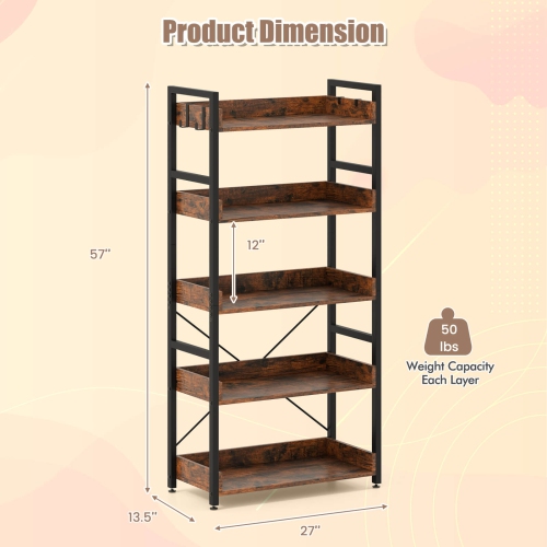 Costway 1/2 PCS 5-Tier Storage Rack with 4 Hooks Open Display Shelves Metal Frame Display