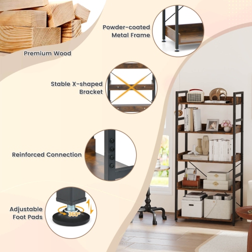 Costway 1/2 PCS 5-Tier Storage Rack with 4 Hooks Open Display Shelves Metal Frame Display