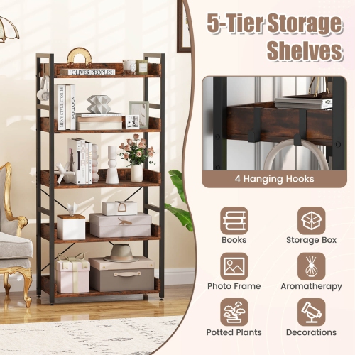 Costway 1/2 PCS 5-Tier Storage Rack with 4 Hooks Open Display Shelves Metal Frame Display
