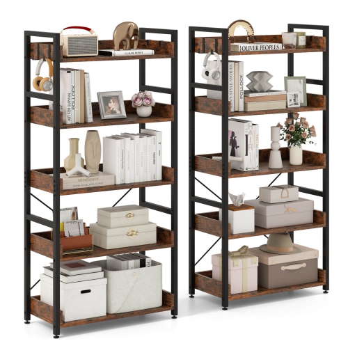 Costway 1/2 PCS 5-Tier Storage Rack with 4 Hooks Open Display Shelves Metal Frame Display