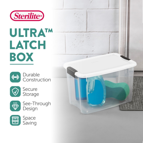 Sterilite 30&nbsp;Qt – Bac de rangement empilable en plastique transparent avec couvercle à loquet, blanc