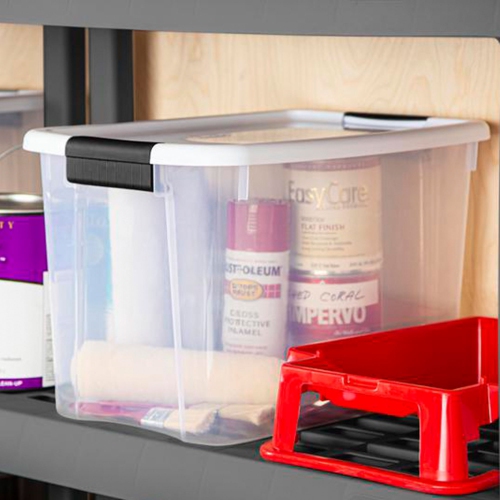 Sterilite 30&nbsp;Qt – Bac de rangement empilable en plastique transparent avec couvercle à loquet, blanc