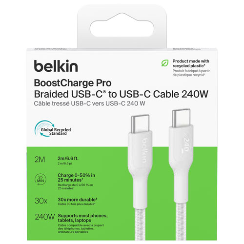 Câble tissé USB-C de 2 m BoostCharge Pro de Belkin - Blanc