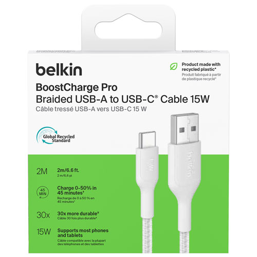 Câble tissé USB-A à USB-C de 1 m BoostCharge Pro de Belkin - Blanc