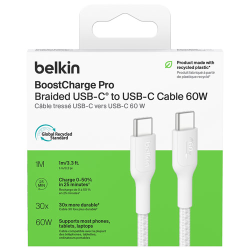 Câble tissé USB-C de 1 m BoostCharge Pro de Belkin - Blanc