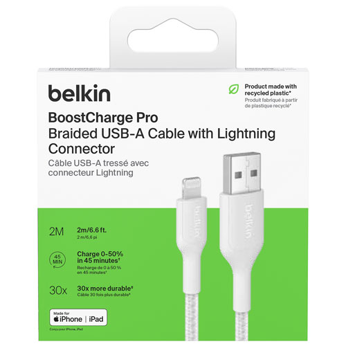 Belkin BoostCharge Pro 2m (6.6 ft.) Braided USB-A/Lightning Cable - White