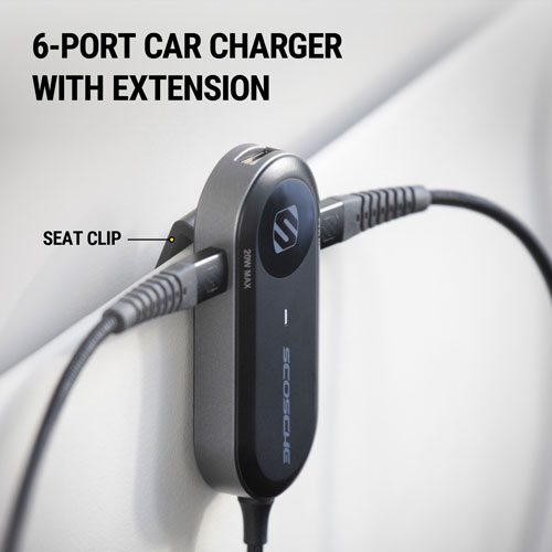 Scosche PowerVolt 100W PD 6-Port USB-C and USB-A Car Charger with 5’ Cable - Black