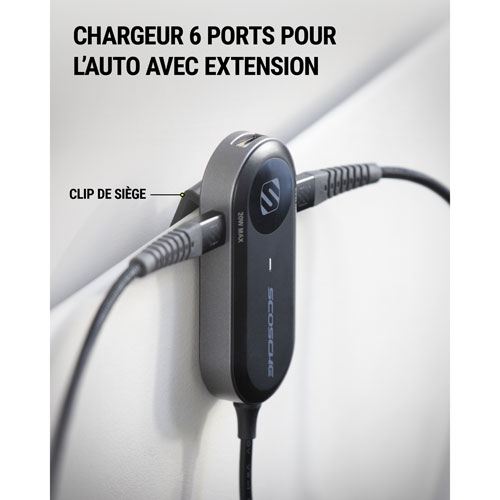 Scosche PowerVolt 100W PD 6-Port USB-C and USB-A Car Charger with 5’ Cable - Black