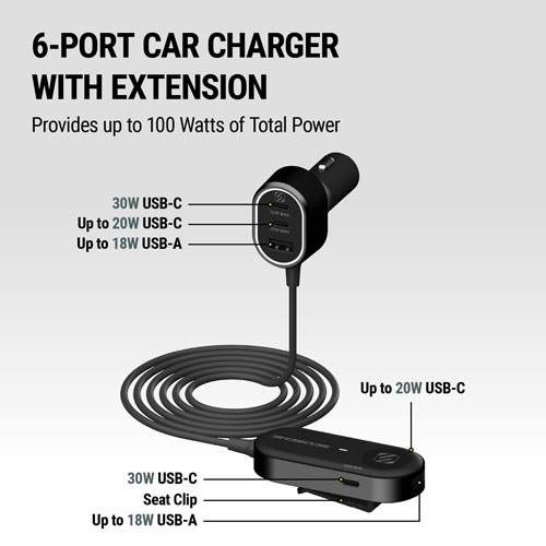 Scosche PowerVolt 100W PD 6-Port USB-C and USB-A Car Charger with 5’ Cable - Black