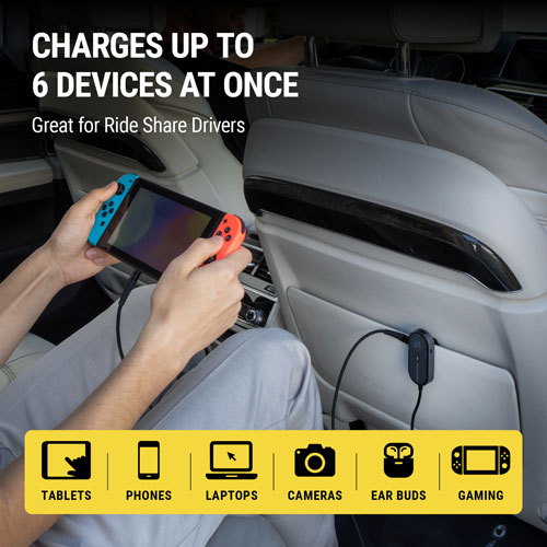 Scosche PowerVolt 100W PD 6-Port USB-C and USB-A Car Charger with 5’ Cable - Black